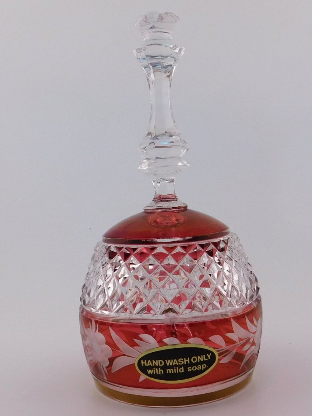 Ebeling Reuss Marchioness Etched Crystal Cranberry Bell 5.5 inch MCM 1960's
